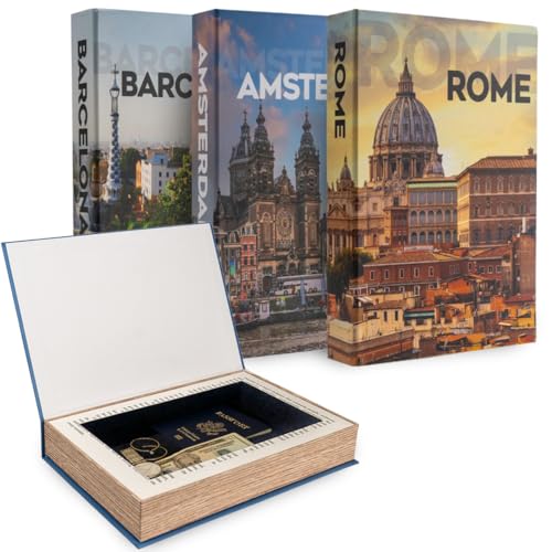 Cities Faux Book Storage Box - Storage Books Set of 3 (12x8x1.5”) | Faux Books for Keepsakes Stylish – Durable and Functional Fake Decor Books – Travel-Inspired Home Décor - style: 3-pack