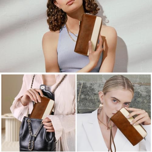 Real Leather Wristlet Wallet Women With RFID Blocking(brownwhite) | Large capacity design,12 credit card slots,1 Inner zipper coin pocket,2 Full-length Receipt Slots,2 cash compartments - color: a7-darkbrown white