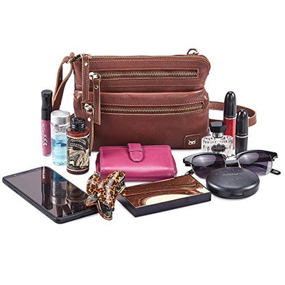 Small Leather Crossbody Bag for Women Adjustable Sling Purse Multi Pocket - color: Tan Nappa