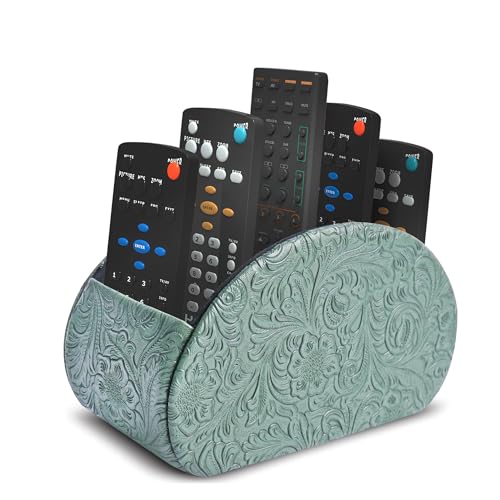 Remote Control Holder, PU Leather Remote Caddy Desktop Organizer with 5 Spacious Compartments for TV Remotes/Media Controllers/Office Supplies (1-Carved3 Green1 - color: 1-Carved3 Green1