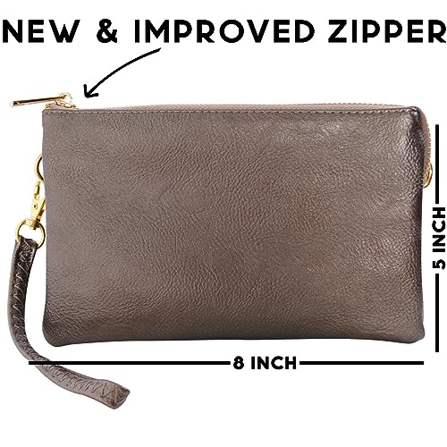 Vegan Leather Crossbody Wristlet Purse for Women - Small Convertible Clutch - color: Gunmetal Bronze