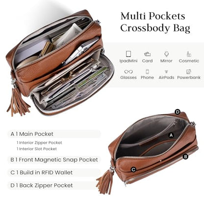 befen Genuine Leather Crossbody Bags for Women Leather Wallet Travel Purse | Real Leather, Purse with Built in Wallet, RFID Blocking Card Slots, Crossbody Bag with Wallet, Detachable Shoulder Strap - color: Cognac Brown