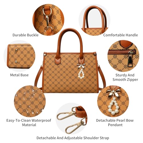 Women Handbag Fashion Satchel Shoulder Tote Top Handle Bag | Sturdy Structured, Spacious, PU Leather, Plaid, Bow, 3pcs, Coin Purse and Small Card Holder, Versatile for Daily Work - color: Yellow