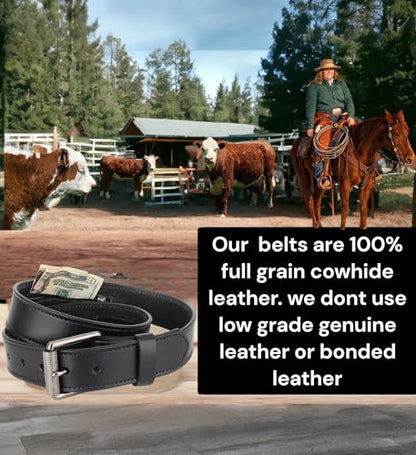 F&L CLASSIC Men’s Money Full Grain leather Belt, Hidden zipper Pocket, - color: Classic Black, size: 44 (Fits Waist 42"-43")