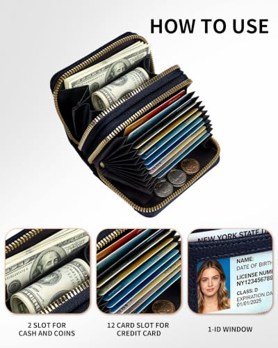 Credit Card Holder Wallet RFID Blocking, Leather Wallet for Women, Card Cases & Money Organizers with keychain Double Zipper Wallet with ID Window - color: Blue