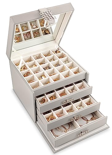 Glenor Co Earring Organizer Holder - 75 Small & 4 Large Slots Classic Jewelry Box with Drawer & Modern Closure, Mirror, 4 Trays Earrings, Ring or Chain Storage - PU Leather Case - Grey - color: Grey