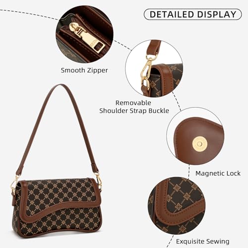 KKXIU Shoulder Bag for Women Small Hobo Handbags Cute Mini Clutch Purses | Classic Trendy Retro Underarm Crossbody Bag with Detachable Straps, Zipper Closure - color: Brown Flower
