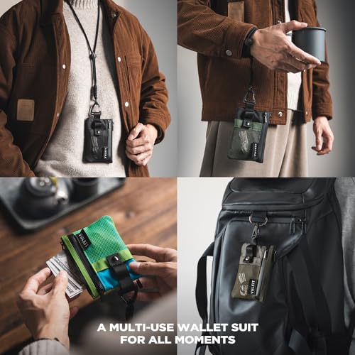 VULKIT Small Minimalist Wallet for Women and Men RFID Blocking, Zipper Coin Pouch with ID Window and Keychain, Water Resistant Travel Lanyard Wallet Green Blue - color: Green-blue