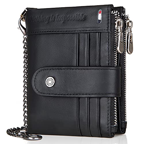 gzcz mens wallet with chain Zipper Genuine Leather Bifold Purse | Genuine Leather, RFID Blocking, Large Capacity,18 Credit Card Slots,2 ID Window,2 Cash Compartments,2 Coin Pocket,Gift Choice - color: Black