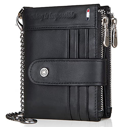 gzcz mens wallet with chain Zipper Genuine Leather Bifold Purse | Genuine Leather, RFID Blocking, Large Capacity,18 Credit Card Slots,2 ID Window,2 Cash Compartments,2 Coin Pocket,Gift Choice - color: Black