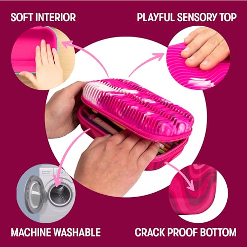 ZIPIT Wavy Pencil Case for Girls, Silicone Sensory Fidget Pencil Box, Pink | Playful box with tactile silicone fidget top, sturdy crack-proof shell, secure zipper, large capacity holds 60 pens & pencils - color: Pink Shapes