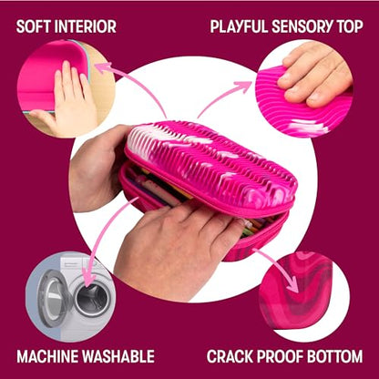 ZIPIT Wavy Pencil Case for Girls, Silicone Sensory Fidget Pencil Box, Pink | Playful box with tactile silicone fidget top, sturdy crack-proof shell, secure zipper, large capacity holds 60 pens & pencils - color: Pink Shapes