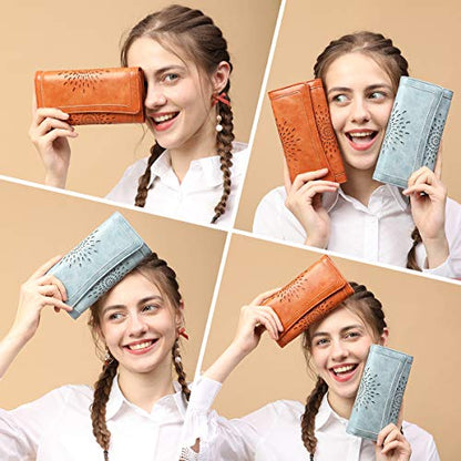 APHISON Womens Wallets RFID Blocking Leather Clutch Long Wallet for Women Card Holder Phone Organizer Ladies Travel Purse Hollow Out Sunflower Design Gift - color: 1-blue