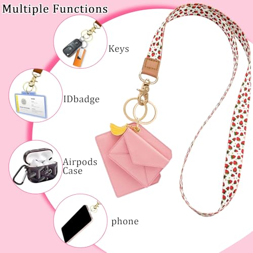 Badge Lanyard for Keys,Long Neck Strap with Metal Hook for ID Badges,Cute Keychain Lanyard for Women Men - color: Cute Strawberry Flower