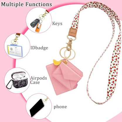 Badge Lanyard for Keys,Long Neck Strap with Metal Hook for ID Badges,Cute Keychain Lanyard for Women Men - color: Cute Strawberry Flower