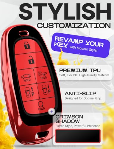 Lucrum Compatible with Hyundai Key Fob Cover & Keychain | Fits Santa Fe, Sonata, Tucson, Grandeur, Ioniq 5, Palisade, Nexo - For 7 Button Remote (2019-2025) - Red and Black - color: Red & Black, style: 7 Buttons_1