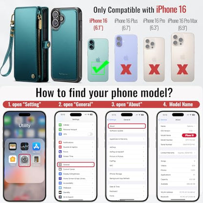 Defencase for iPhone 16 Phone Case Wallet Compatible with Magsafe, Green | Magnetic Detachable, Drop-Proof Protective Wallet Cases Cover, with RFID Bolcking Card Holder, Zipper Strap, Soft PU Leather - color: (Detachable with Magsafe)-Blue Green