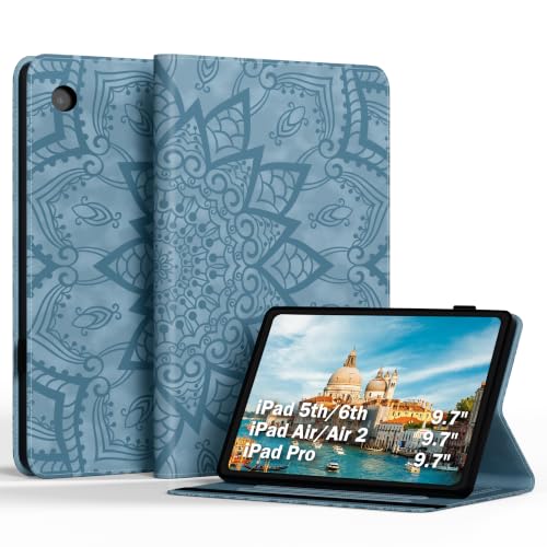 iPad 5th/6th Gen Case 9.7", IPAD Cover Compatible with iPad air 1/air 2 and iPad Pro 9.7", Premium Faux Leather Made for 360° Protection, Adjustable Stands & Auto Wake/Sleep Function - color: Floral-Sky Blue