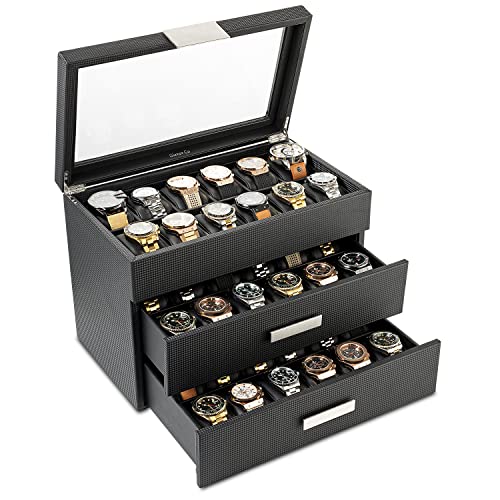 Glenor Co 36 Slot Watch Box for Men - Mens Watch Case w Large Glass Lid, Luxury Carbon Fiber Design Mens Watch Box - Holder for Men w Metal Accents, Watch Display Case Drawer & Leather Pillows – Black - color: Black, size: 36 Slot