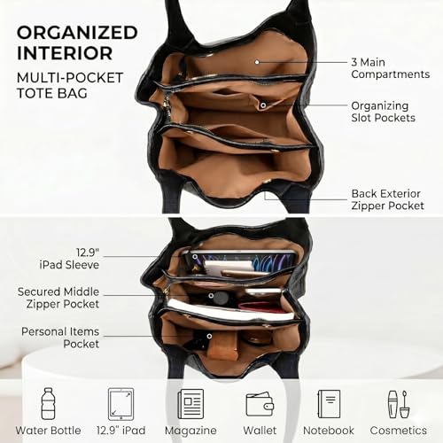 MYHOZEE Vegan Leather Tote Bags for Women Multi Pocket Shoulder Purse Triple Compartment Handbags Fits 12.9 Inch Tablet - color: Cognac Work Bag