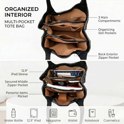 MYHOZEE Vegan Leather Tote Bags for Women Multi Pocket Shoulder Purse Triple Compartment Handbags Fits 12.9 Inch Tablet - color: Cognac Work Bag