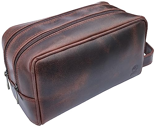 RUSTIC TOWN Leather Toiletry Bag for Men - Travel Shaving Ditty Kit - Bathroom Shower Toiletries Organizer - Leather Cosmetic Bag for Women (Walnut Brown) - color: Walnut Brown