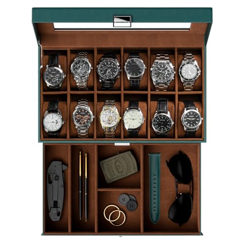 ProCase Watch Box, 12 Slot Watch Case for Men with Drawer, MidnightGreen | 2-Layer Watches Display Case with Glass Lid, Mens Jewelry Box Storage Holder Organizer, Anniversary Christmas Birthday Gift - color: Midnight Green, size: 12-Slot