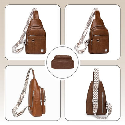 Sling Bag Set, PU Leather Sling Bag, Multi-Zipper Design for Travel, Outdoors, Valentine’s Day Gifts - color: 03-brown