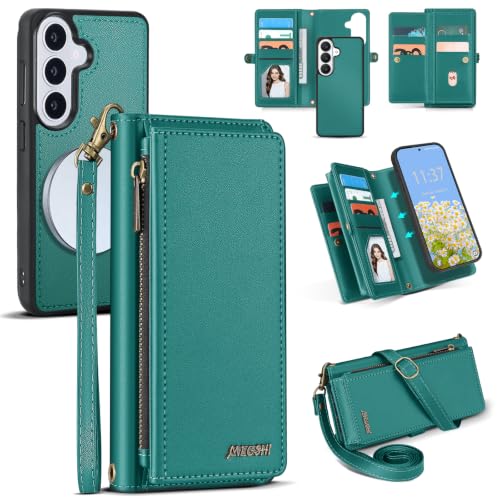 for Samsumg Galaxy S26 Wallet Case, Detachable Magnetic Phone Case,Faux Leather Strap Wallet,with RFID Blocking,Zipper Card Holder,Shoulder Straps (Green) - color: Green, size: Samsumg Galaxy S26
