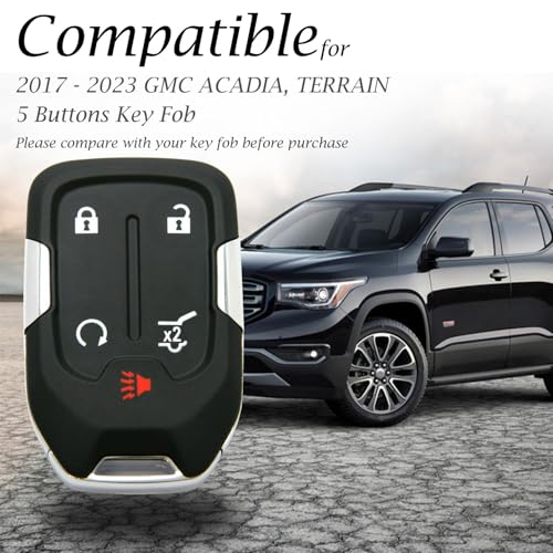 Genuine Leather Smart Key Fob Case with Leather Strap Compatible for GMC Acadia, GMC Terrain (2017 - 2023 Models ) - 5-Button, Black/Red - color: Black/Red