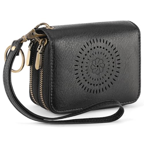 SENDEFN Leather Credit Card Holder Small Wristlet Woman Wallets RFID Blocking Double Zipper with ID Window - color: 1-Black