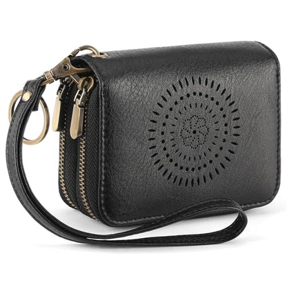 SENDEFN Leather Credit Card Holder Small Wristlet Woman Wallets RFID Blocking Double Zipper with ID Window - color: 1-Black