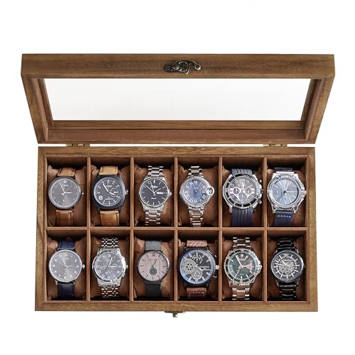 SONGMICS 12-Slot Watch Box, Watch Display Case with Large Glass Lid, Removable Pillows, Velvet Lining, Gift Idea, Rustic Walnut UJOW120K01 - color: Rustic Walnut, size: 1 Layer 12 Slot