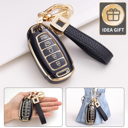for Hyundai Key Fob Cover with Leather Lanyard, Car Key Fob Case Compatible with 2022 2021 2020 Palisade 2023 2024 2025 2026 Hyundai Elantra Smart Key Protector Holder - style: For Hyundai H5 Button