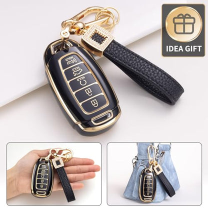 for Hyundai Key Fob Cover with Leather Lanyard, Car Key Fob Case Compatible with 2022 2021 2020 Palisade 2023 2024 2025 2026 Hyundai Elantra Smart Key Protector Holder - style: For Hyundai H5 Button