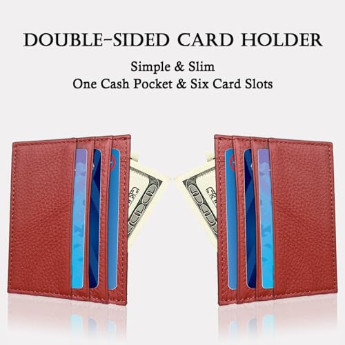 WOXVM Credit Card Holder Wallet RFID Blocking Slim Credit Card Cases Holder Premium Leather Minimalist Front Pocket Small Wallet with 6 Card Slots and 1 Pockets for Men Women (Red) - color: Red