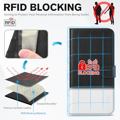 TUCCH Wallet Case for iPhone 16 Pro (6.3"), 4 Card Holders, Black & White | RFID Blocking, Viewing Stand, Shockproof TPU Shell, PU Leather, Magnetic Closure, Protective Folio Flip Cover - color: Black & White