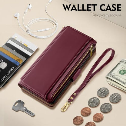 Antsturdy for iPhone 15 Pro Phone Wallet Case Women,Wine Red | RFID Blocking,with Credit Card Holder Slots,PU Leather Purse,Zipper Pocket,Wrist Strap Kickstand,Flip Folio Cover for Men - color: Wine Red