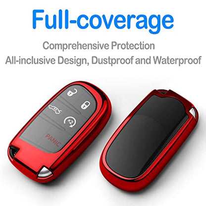 Compatible With Jeep Key Fob Cover With Leather Keychain Soft TPU Protection Key Case For Grand Cherokee Renegade Chrysler 200 300 Dodge RAM Durango Challenger Journey Dart Fiat Smart Key,Red - color: Red