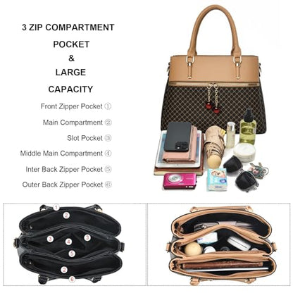KURGOOL Dual-tone Purse Handbags for Women, 3 Zip Compartments Tote Bag, Trendy Leather Designer Shoulder Satchel Purses - color: Ins-coffee Brown