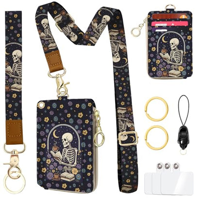 Gothic Lanyard Wallet for Id Badges, Funny Skull Card Holder with Neck Lanyard Wristlet, RFID PU Leather ID Case with Adjustable Lanyard Keychain for Women Teacher Student Nurse Work Office - color: Skull Drink Coffee Read Book