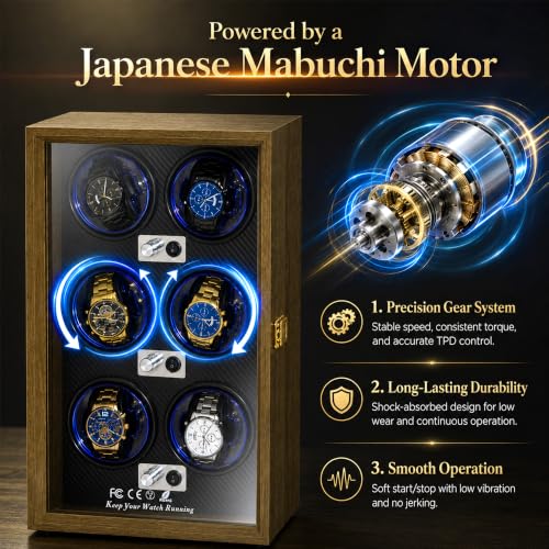 Watch Winder for Automatic Watches, Walnut 6 Slots Winding Watch Box with Japanese Blue LED & Quiet Motor for Rolex and Auto Watches, Wooden Rotating Watch Case Used for Display, Storage & Gift - size: 6 slots