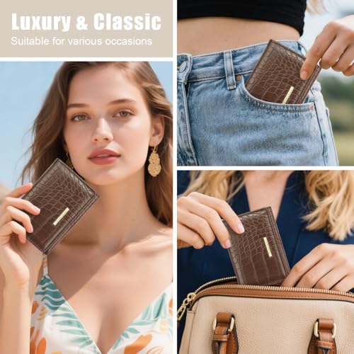 Crocodile Wallets Women Small Luxury Faux Leather Alligator Wallet | Chic RFID Blocking Womens Trifold Credit Card Holder Ladies Mini Purse, Coffee Croc - color: Coffee