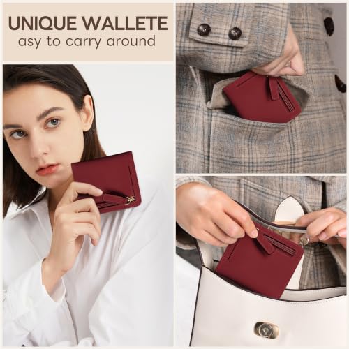 Small Wallet Women RFID Blocking Leather Bifold Compact Card Holder Wallet for Women With Zipper Coin Pocket ID Window (Deep Red) - color: Deep Red