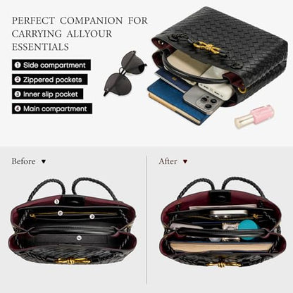 Woven Tote Bag for Women Leather Shoulder Handbag Designer Top Handle Purses - color: C-bordeaux Red