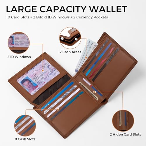 RUNBOX Wallet for Men Leather RFID Blocking Bifold Front Pocket Wallet | Genuine Leather,Slim,12 Card Slots,2 ID Windows,2 Money Pockets, Gift for Men,Compact Travel Business Passport - color: Brown
