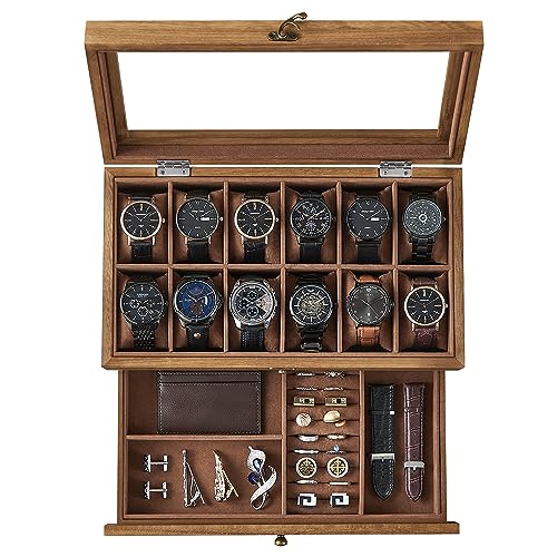 SONGMICS 12-Slot Watch Box, 2-Tier Watch Display Case with Large Glass Lid, Removable Pillows, Velvet Lining, Jewelry Box, Gift Idea, Rustic Walnut UJOW012K01 - color: Rustic Walnut, size: 2 Layer 12 Slot