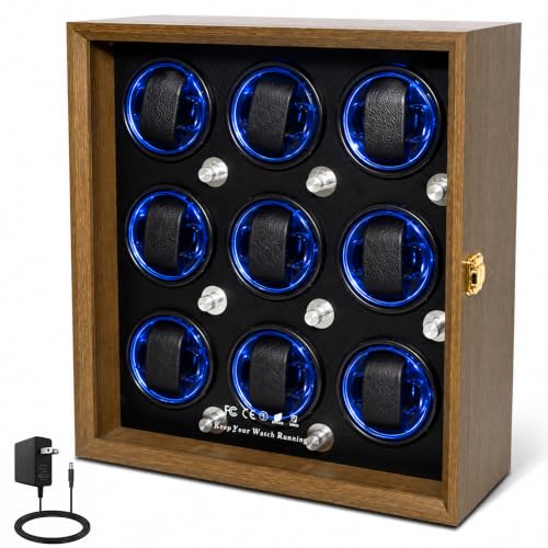 Watch Winder for Automatic Watches, Walnut 9 Slots Winding Watch Box with Japanese Quiet Motor & Blue LED for Rolex and Auto Watches, Wooden Rotating Watch Case Used for Display, Storage & Gift - size: 9 slots