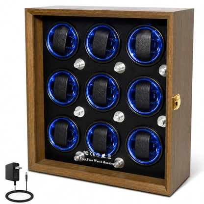 Watch Winder for Automatic Watches, Walnut 9 Slots Winding Watch Box with Japanese Quiet Motor & Blue LED for Rolex and Auto Watches, Wooden Rotating Watch Case Used for Display, Storage & Gift - size: 9 slots