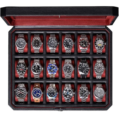 ROTHWELL 18-Slot Watch Case – Luxury Watch Box for Men, Real Glass Top, Lockable, Elegant Display for Collections (Black/Red) - color: 18 Slot -Black / Red